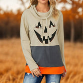 Long Sleeve Pumpkin Printed Pile Collar Top